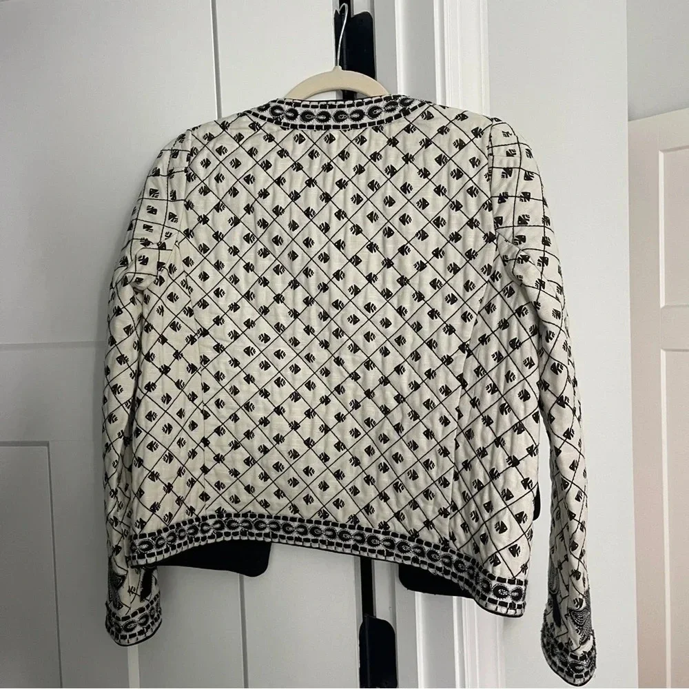 Tory Burch Jacket Quilted Tilda Embroidered Fish‎ Floral Jacket Patchwork Ivory